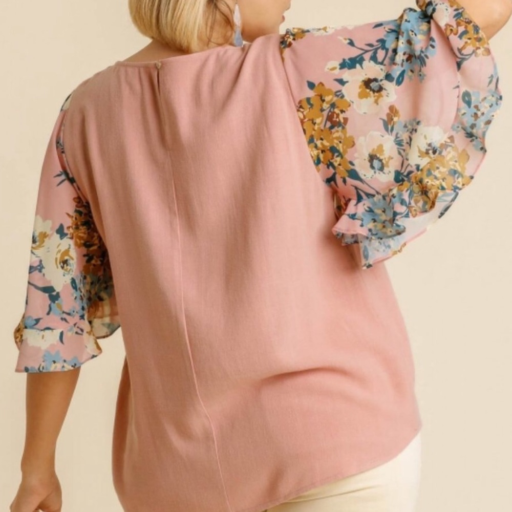 Umgee Floral Rose Mix Print Ruffle Short Sleeve Linen Blouse. NWT! Sz 1X - Picture 6 of 11
